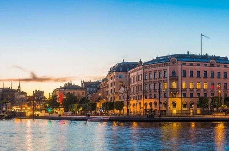 Evening view of city view by the water