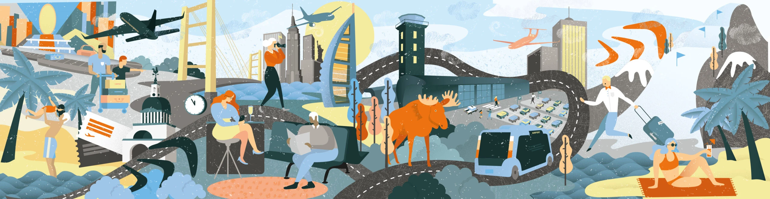 Illustration av resande med flyg och bil, strand och stad.
